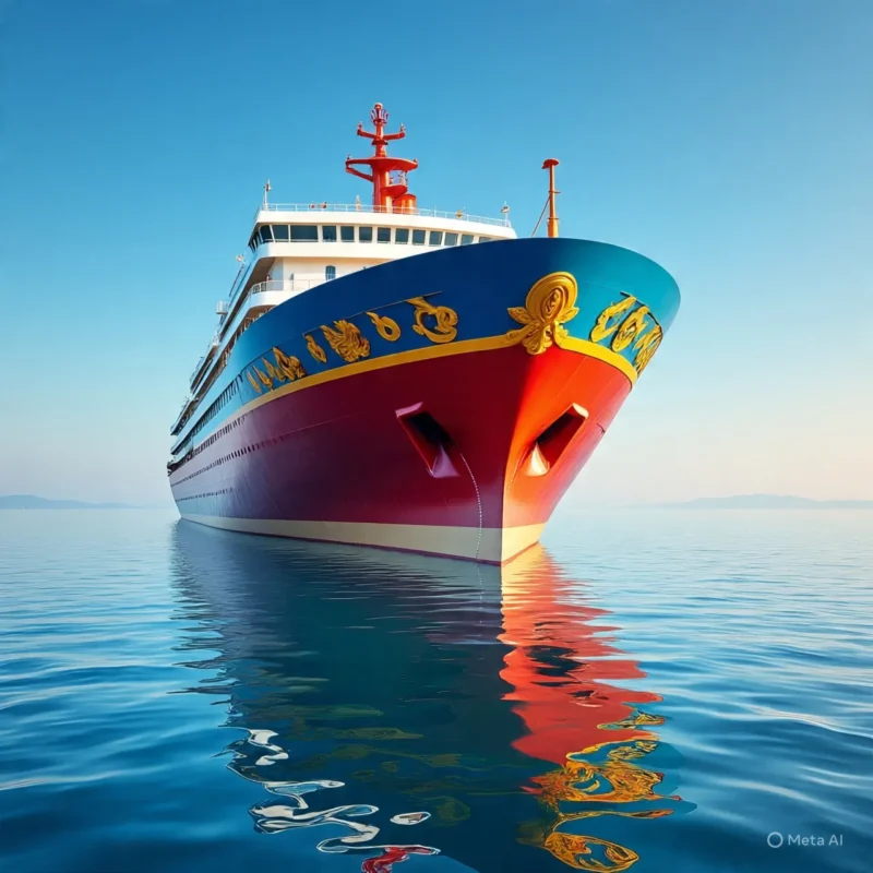 fotografía de un barco azul, amarillo y rojo en el mar pintado con pintura ecológica de QUÍMICA POMIQ