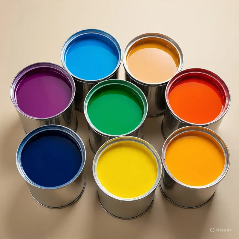 Latas de pintura de colores que representan la diversidad de opciones en la pintura grado alimenticio para aplicaciones.