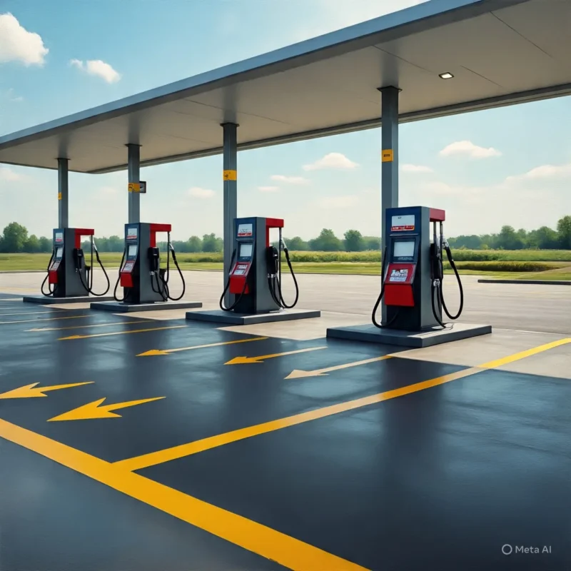 Una gasolinera cumpliendo con las Normas PEMEX, reflejadas en sus dispensadores y la señalización clara en el pavimento.