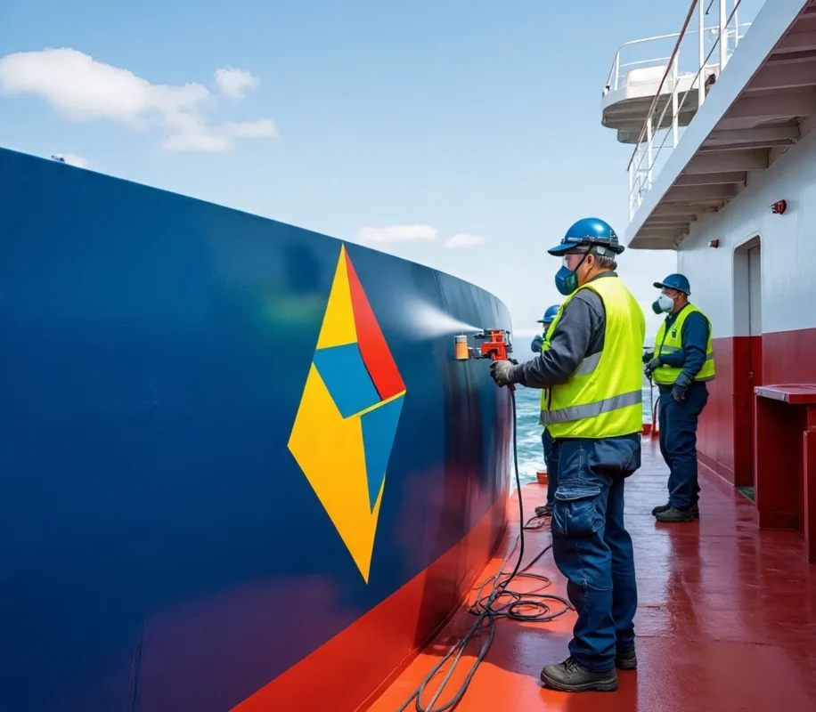 Fotografía de un hombre pintando de color azul con pintura poliuretano en el interior de un barco