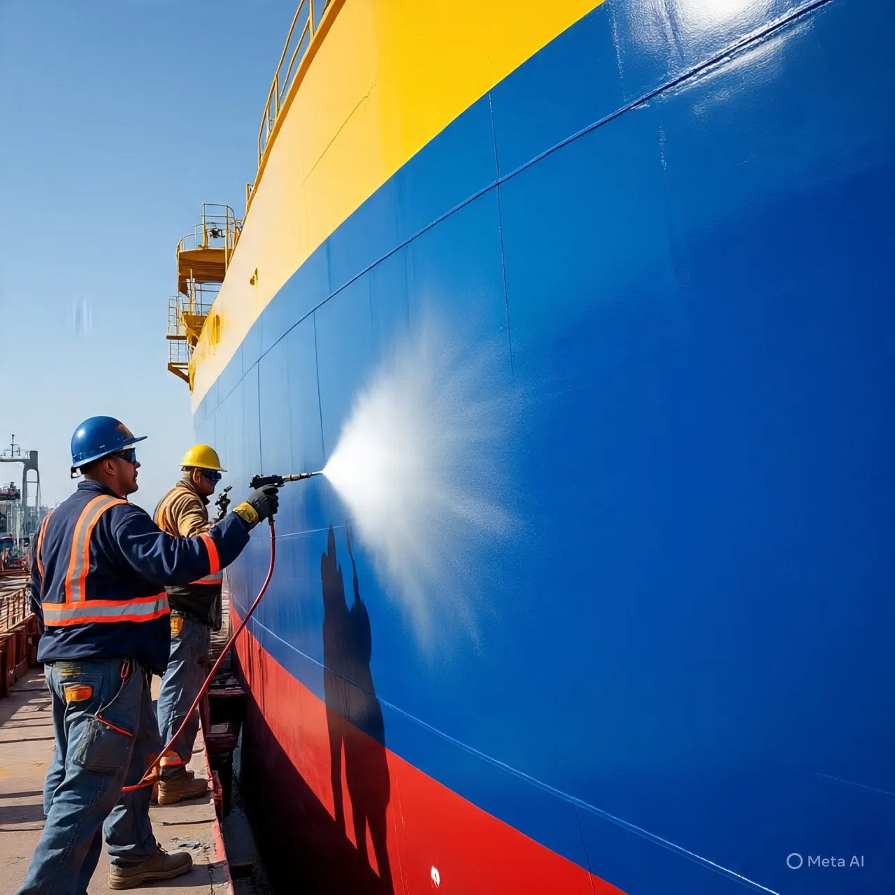 Fotografía de varios hombres pintando con pintura ecológica el exterior de un barco en color azul, rojo y amarillo.