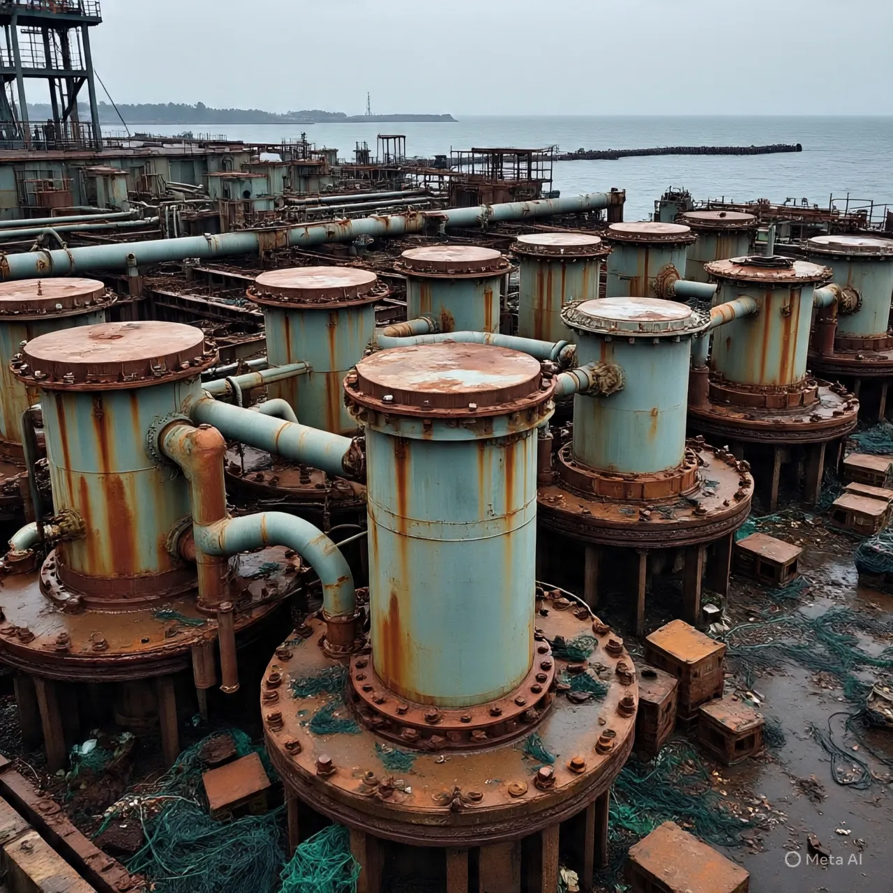 Una vista de estructuras industriales oxidadas cerca del mar, evidenciando la falta de mantenimiento según las Normas CFE.