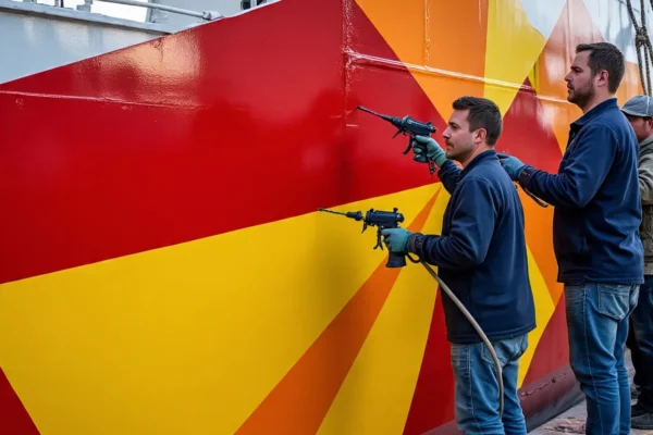 Trabajadores aplican pintura a una superficie, siguiendo los estándares y la seguridad de las Normas CFE para mantenimiento.
