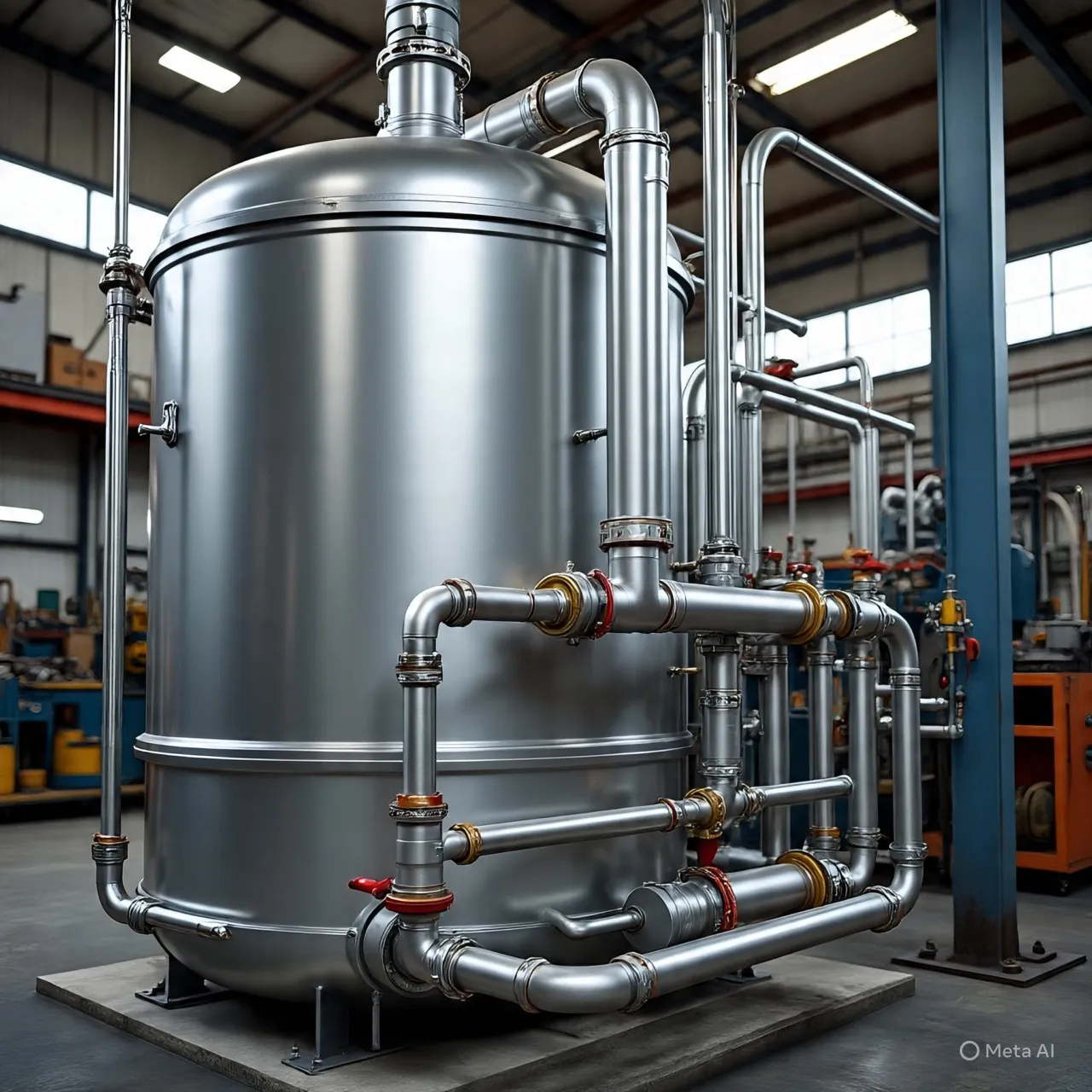 Un tanque industrial con tuberías, que requiere pintura grado alimenticio para cumplir con los estándares de higiene en la industria.