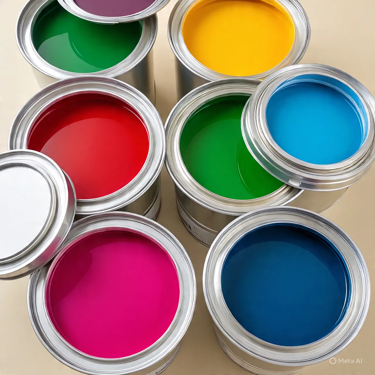 Una vista superior de varias latas de pintura de colores brillantes que se utilizan en la industria siguiendo las Normas CFE de seguridad.