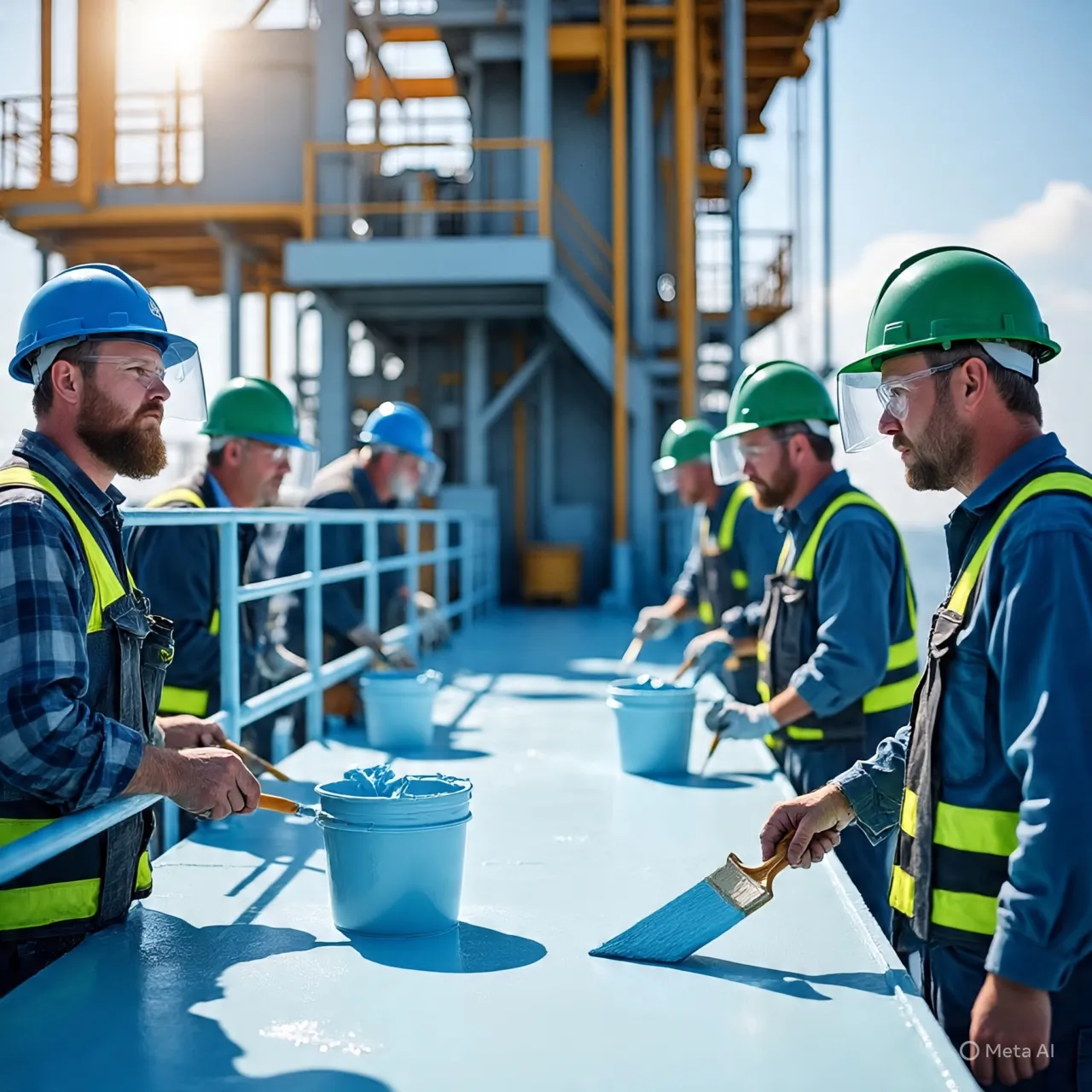 Un equipo de trabajadores con equipo de seguridad pintan una estructura, cumpliendo con las Normas CFE para el mantenimiento industrial.