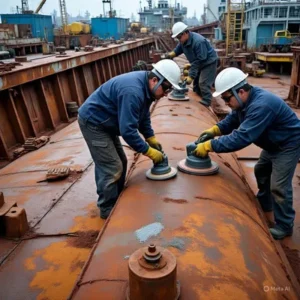 Foto de unos compañeros puliendo el interior de un barco para colocarle pintura anticorrosiva a base de agua