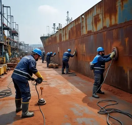 Foto de varios hombres lijando la oxidación para después poder usar pintura anticorrosiva para metal