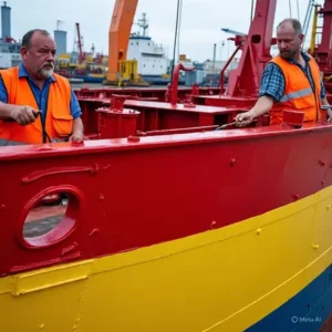 Foto de tres hombres pintando una barco con pintura de aceite anticorrosiva